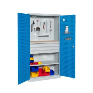Armoire d'atelier perforée 3 tiroirs + 1 étagère + 1 tablette bois