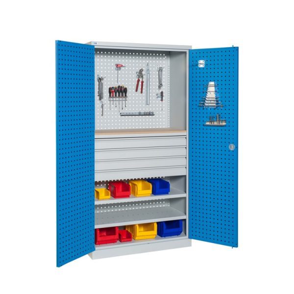 armoire metallique perforee 4 tiroirs 2 etageres tablette bois